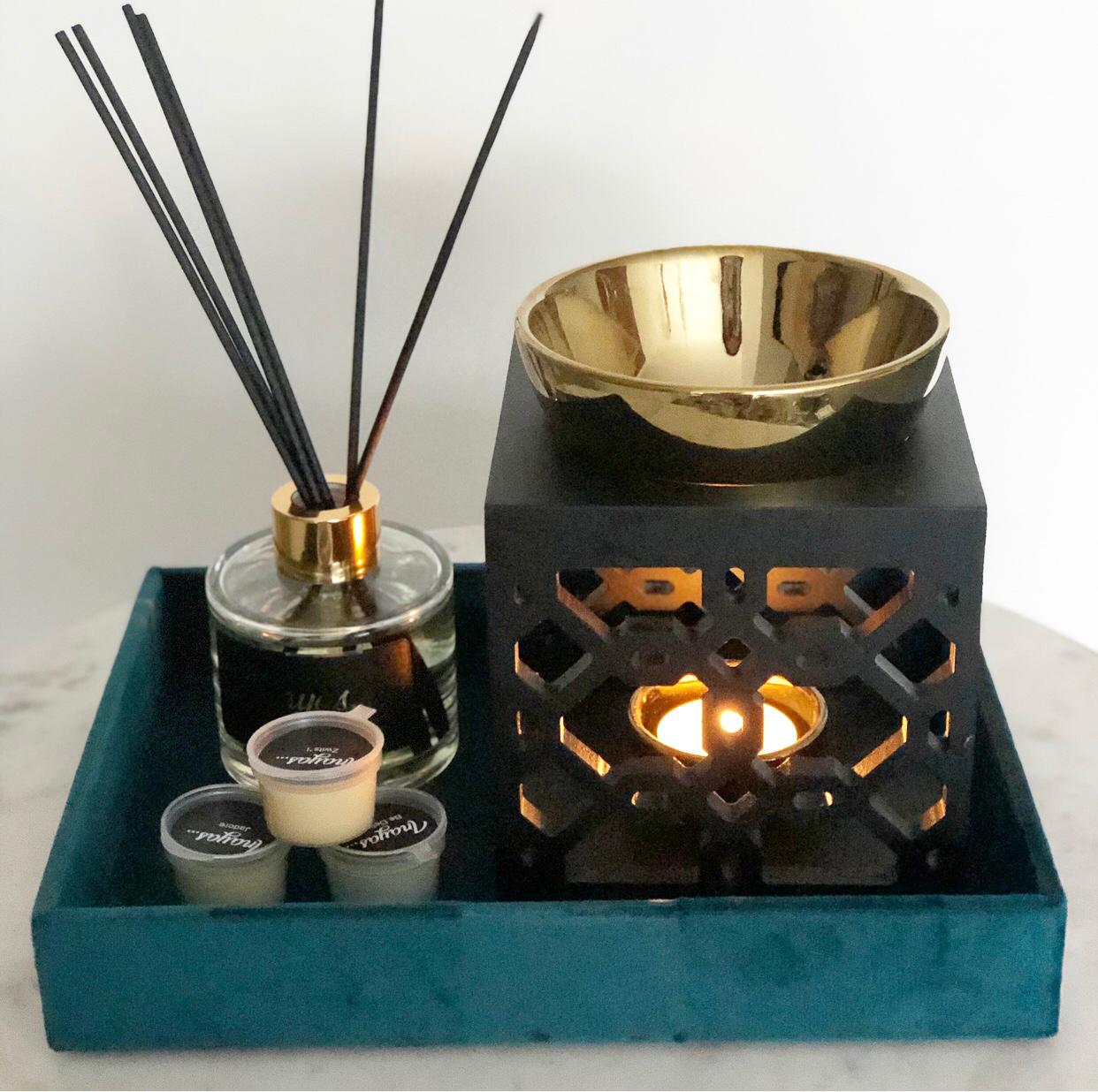 Luxe cadeauset - Dubai brander met geurstokjes en groene velvet bakje