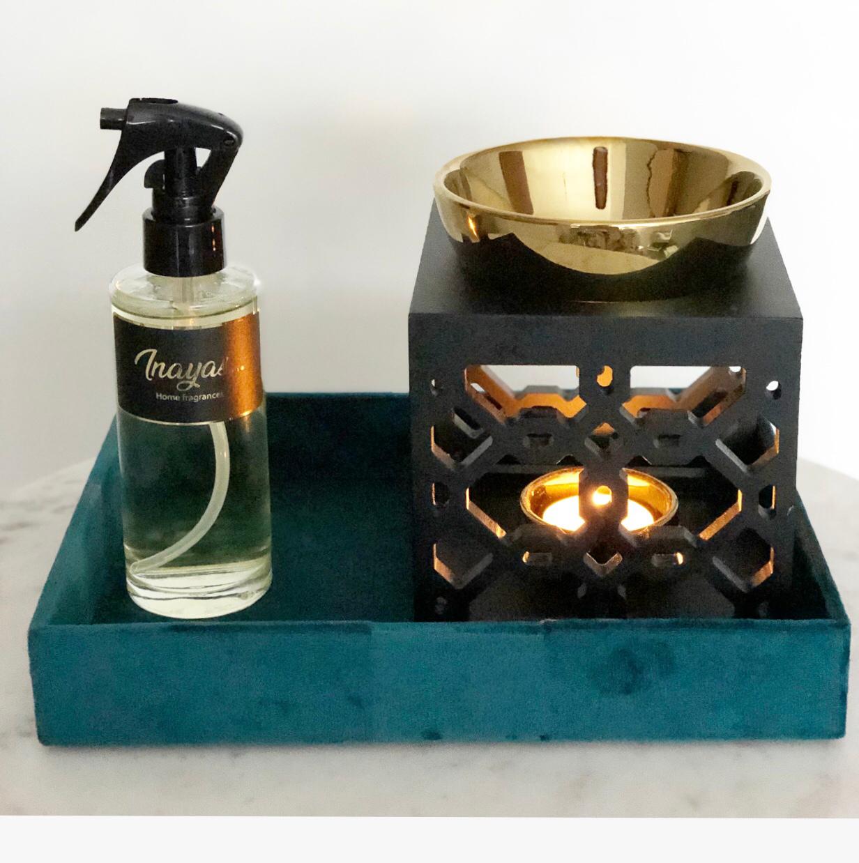 Luxe cadeauset - Dubai brander met roomspray en groene velvet bakje