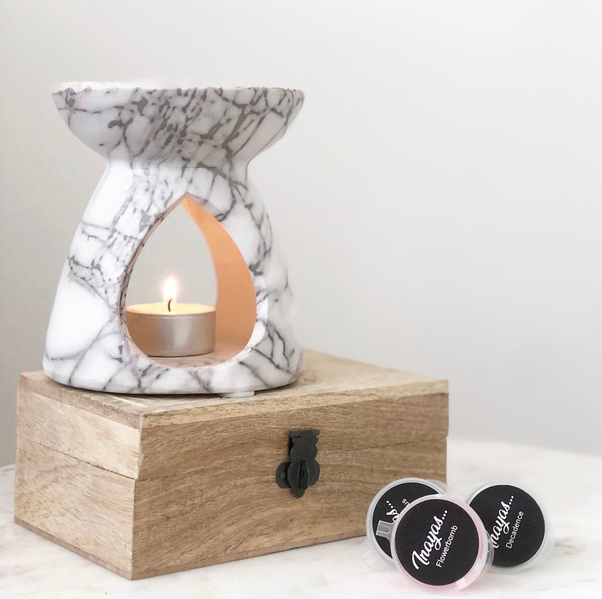 Cadeauset - Marmerlook brander met houtenkistje