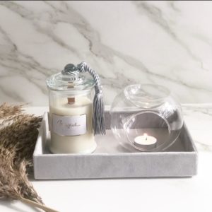 Cadeauset - Glazen Waxbrander, handmade geurkaars en grijze velvet bak