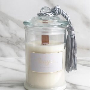 Cadeauset - Glazen Waxbrander, handmade geurkaars en grijze velvet bak - Afbeelding 3